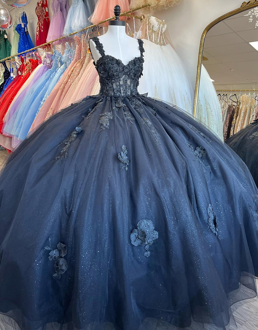 Sparkly Black Thick Straps Corset Floral Quinceanera Dress with Bow