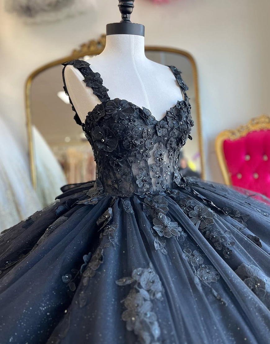 Sparkly Black Thick Straps Corset Floral Quinceanera Dress with Bow
