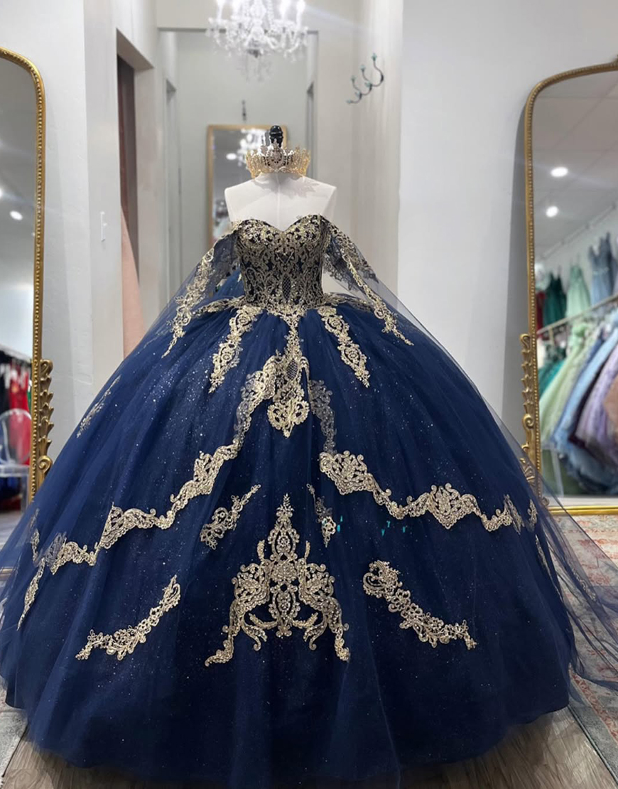 Sparkly Navy Sweetheart Appliqued Ball Gown Long Quinceanera Dress