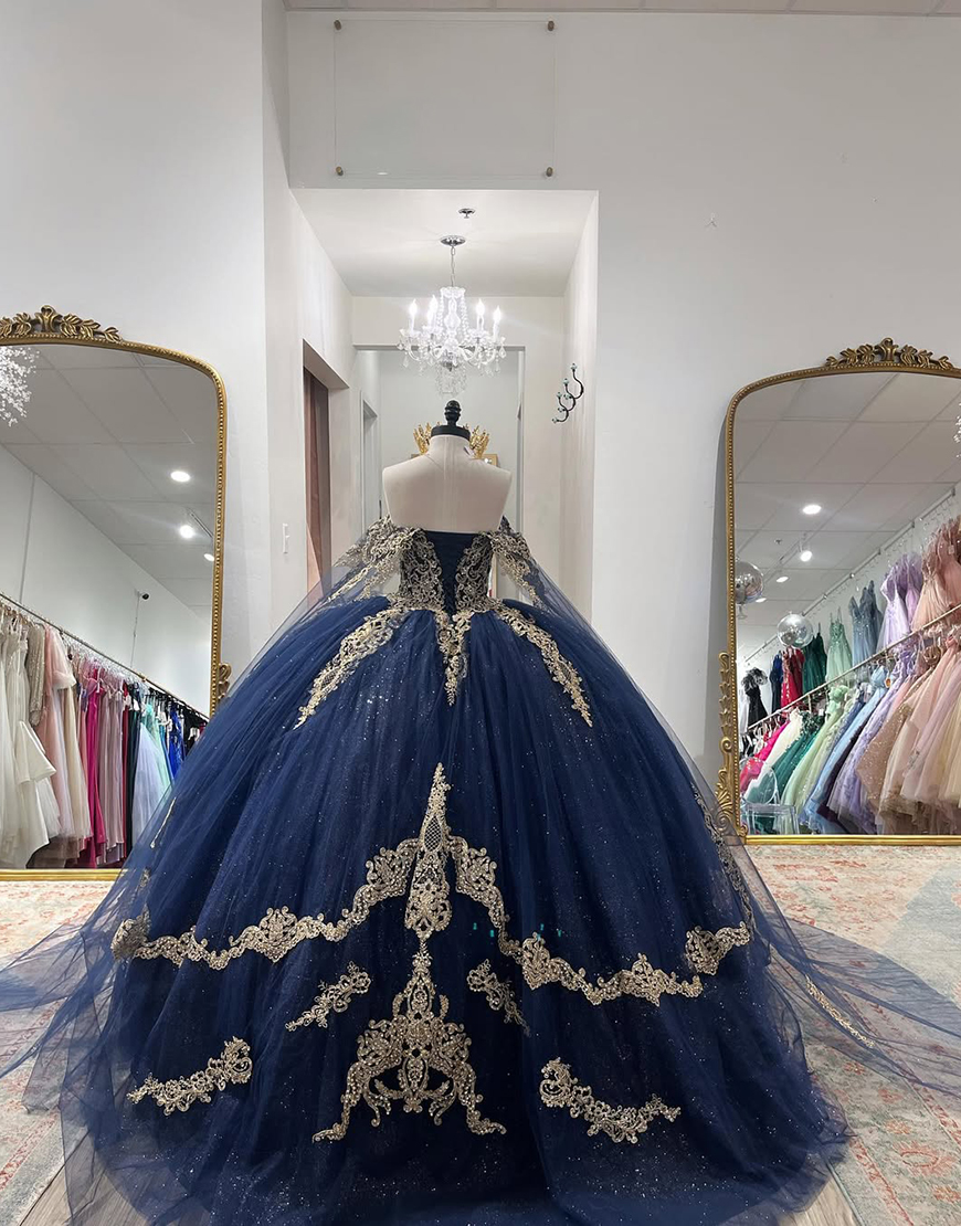 Sparkly Navy Sweetheart Appliqued Ball Gown Long Quinceanera Dress