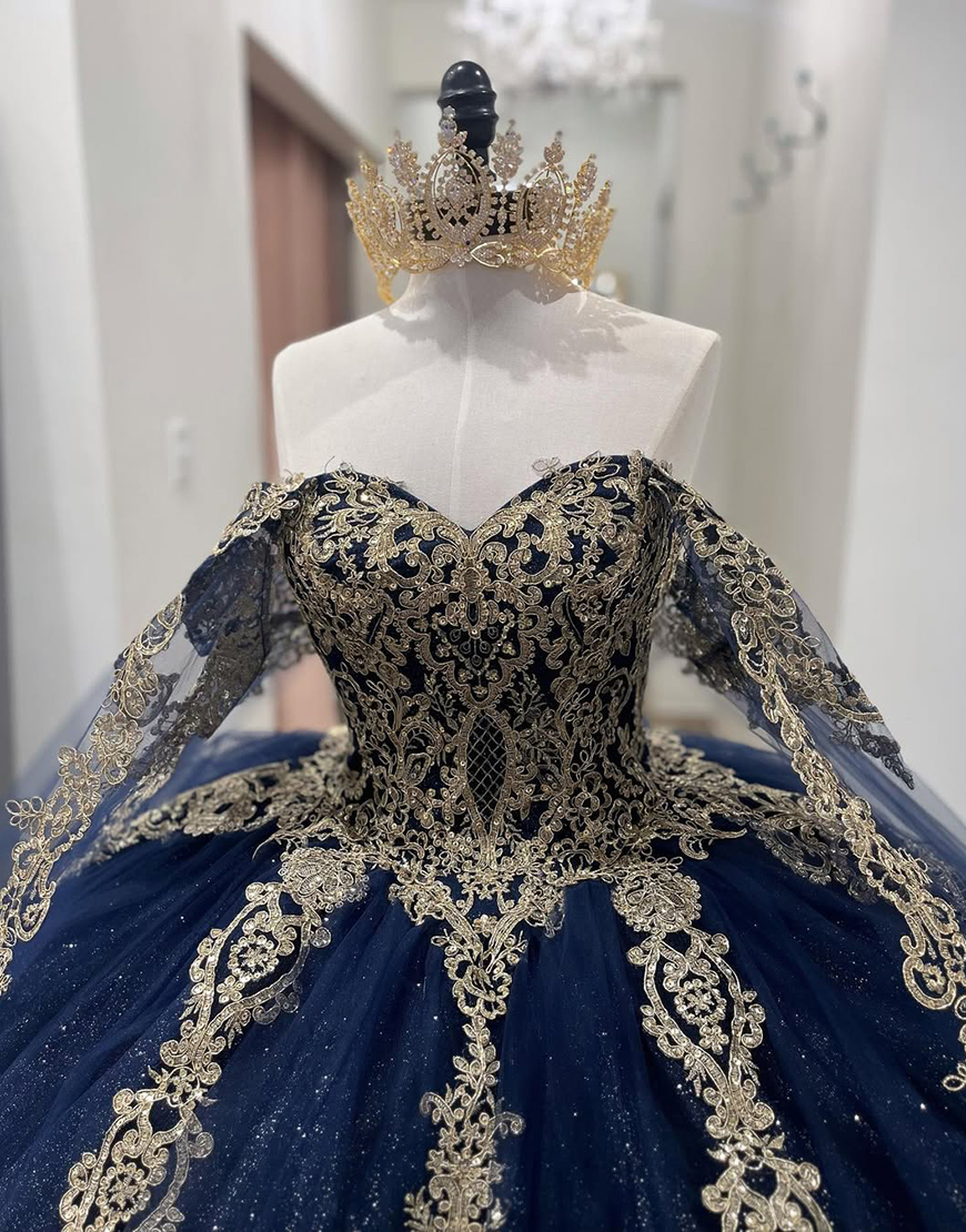 Sparkly Navy Sweetheart Appliqued Ball Gown Long Quinceanera Dress