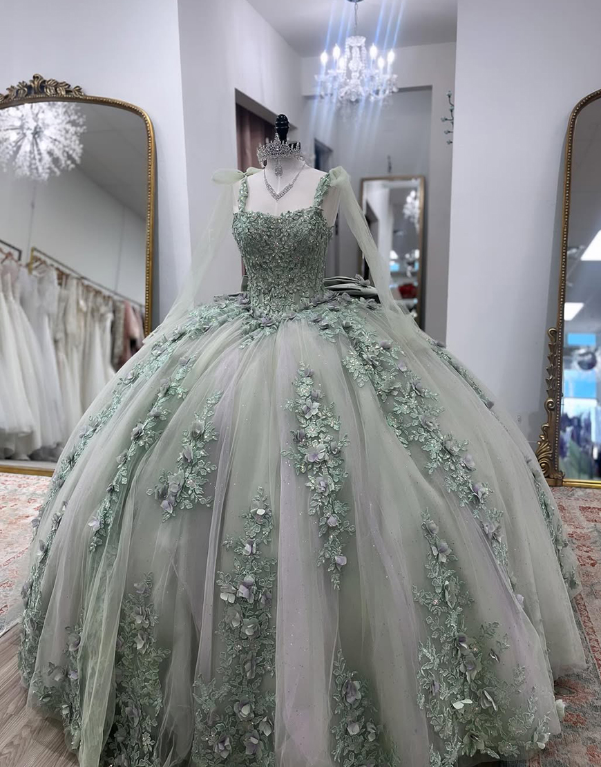 Sparkly Spaghetti Straps Grey Green Appliqued Ball Gown Floral Quinceanera Dress with Bow