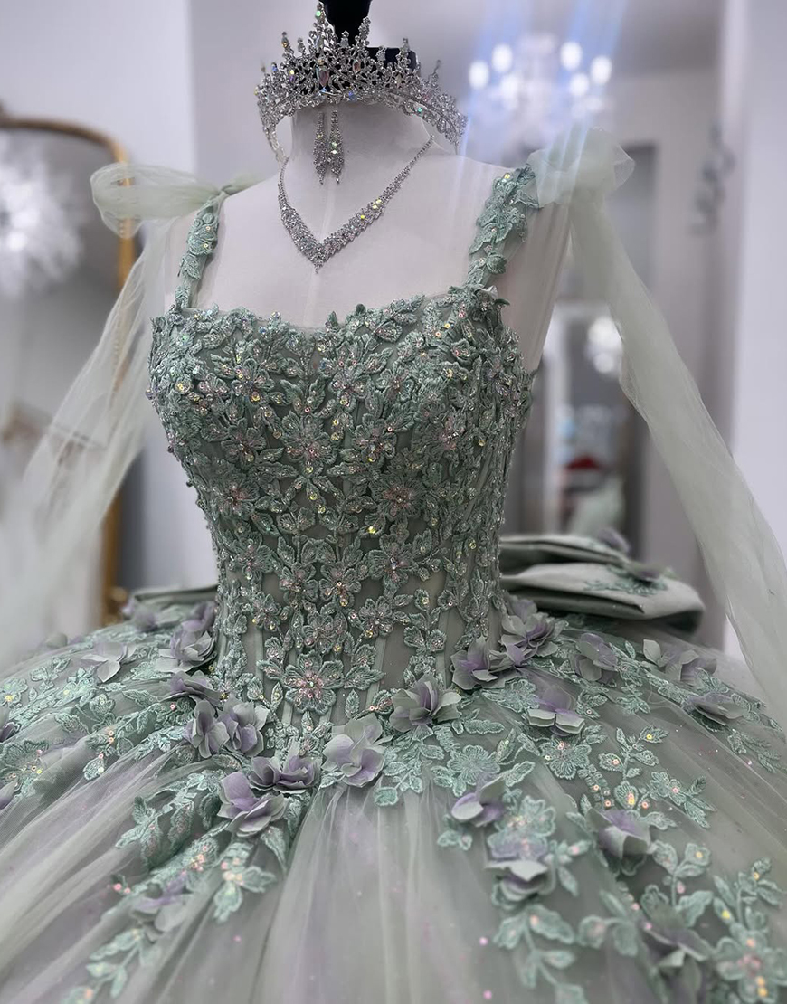 Sparkly Spaghetti Straps Grey Green Appliqued Ball Gown Floral Quinceanera Dress with Bow