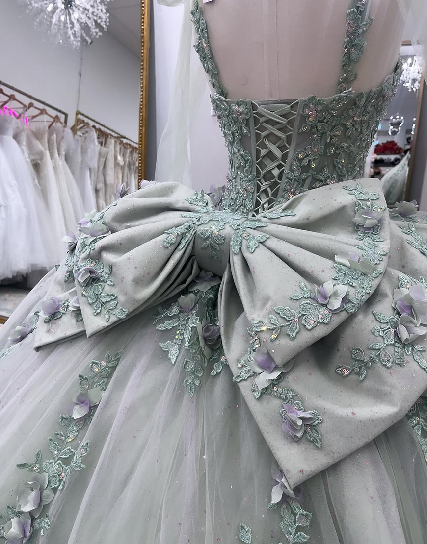 Sparkly Spaghetti Straps Grey Green Appliqued Ball Gown Floral Quinceanera Dress with Bow