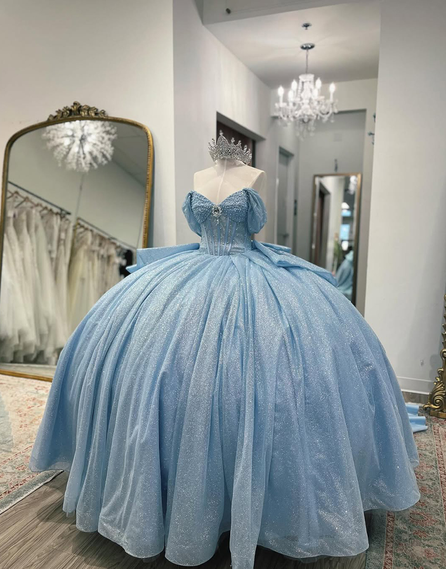 Sparkly Grey Blue Sweetheart Corset Ball Gown Bedaed Quinceanera Dress with Bow