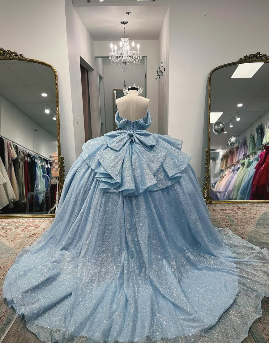 Sparkly Grey Blue Sweetheart Corset Ball Gown Bedaed Quinceanera Dress with Bow