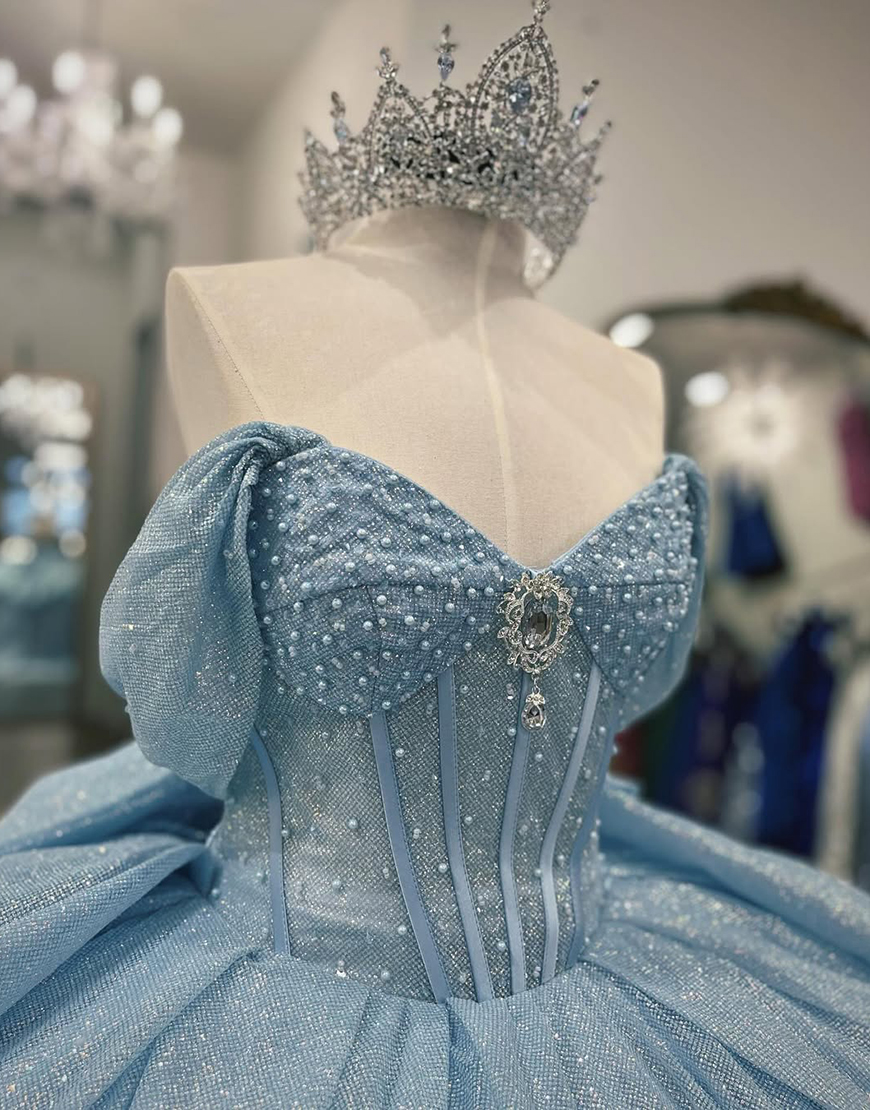 Sparkly Grey Blue Sweetheart Corset Ball Gown Bedaed Quinceanera Dress with Bow