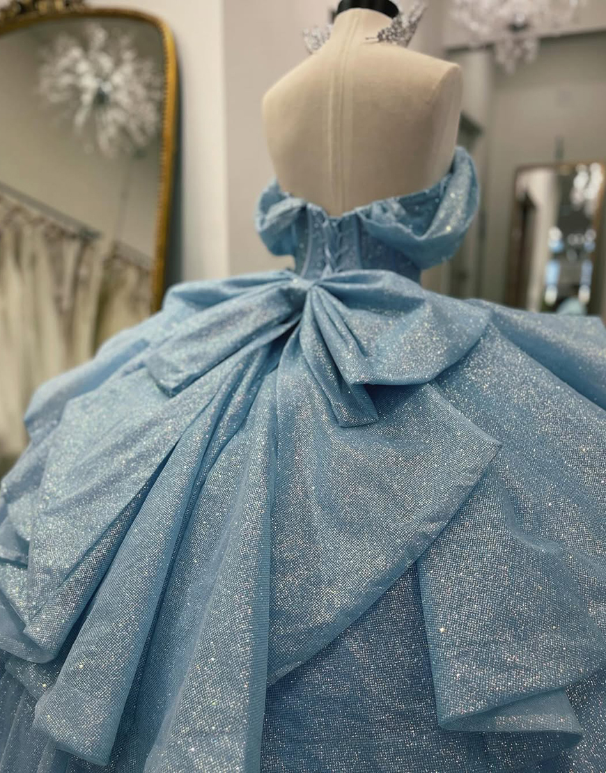 Sparkly Grey Blue Sweetheart Corset Ball Gown Bedaed Quinceanera Dress with Bow