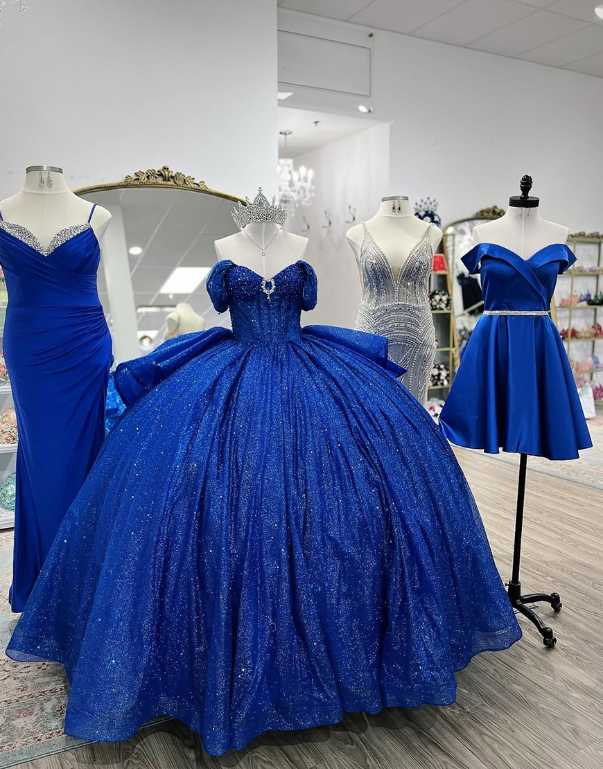 Sparkly Grey Blue Sweetheart Corset Ball Gown Bedaed Quinceanera Dress with Bow