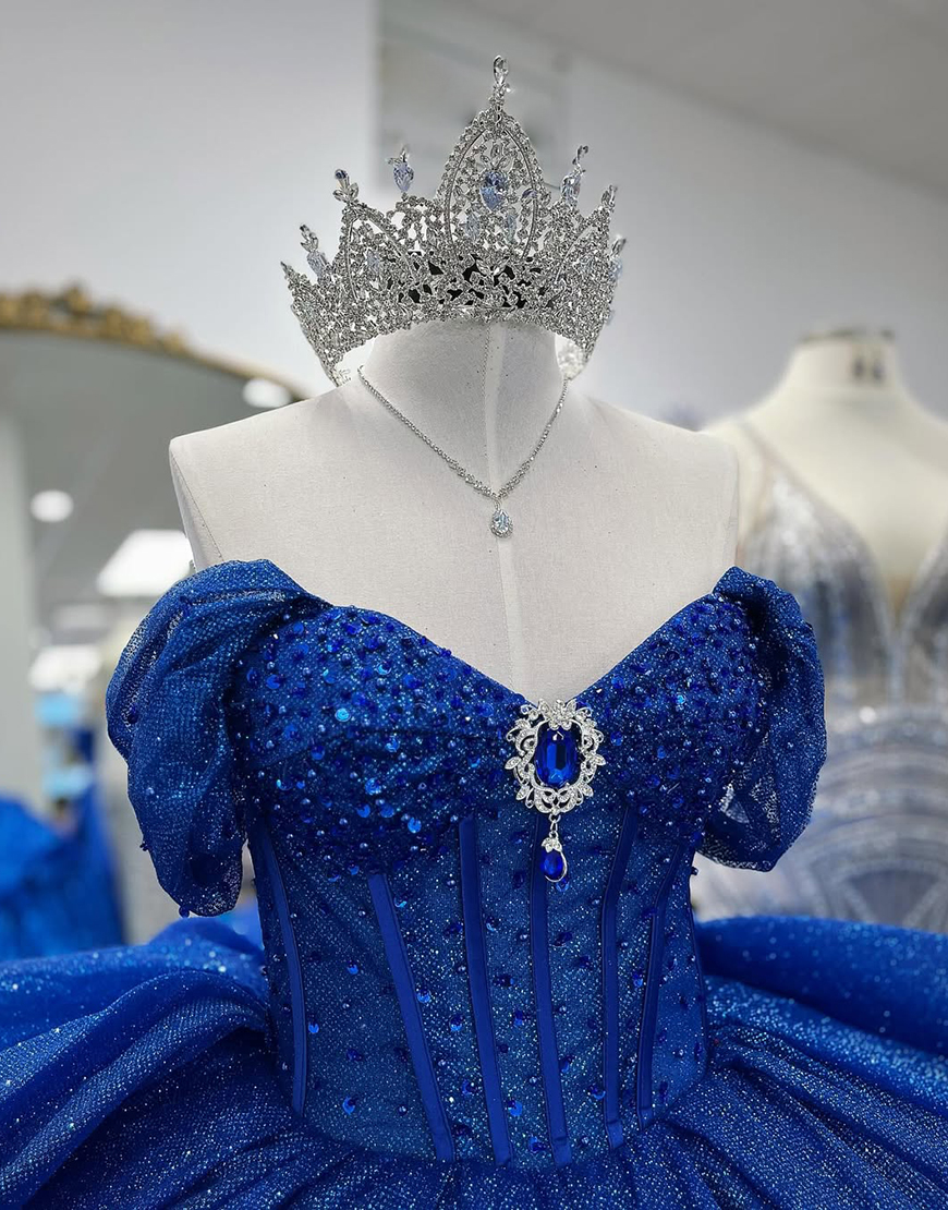 Sparkly Grey Blue Sweetheart Corset Ball Gown Bedaed Quinceanera Dress with Bow