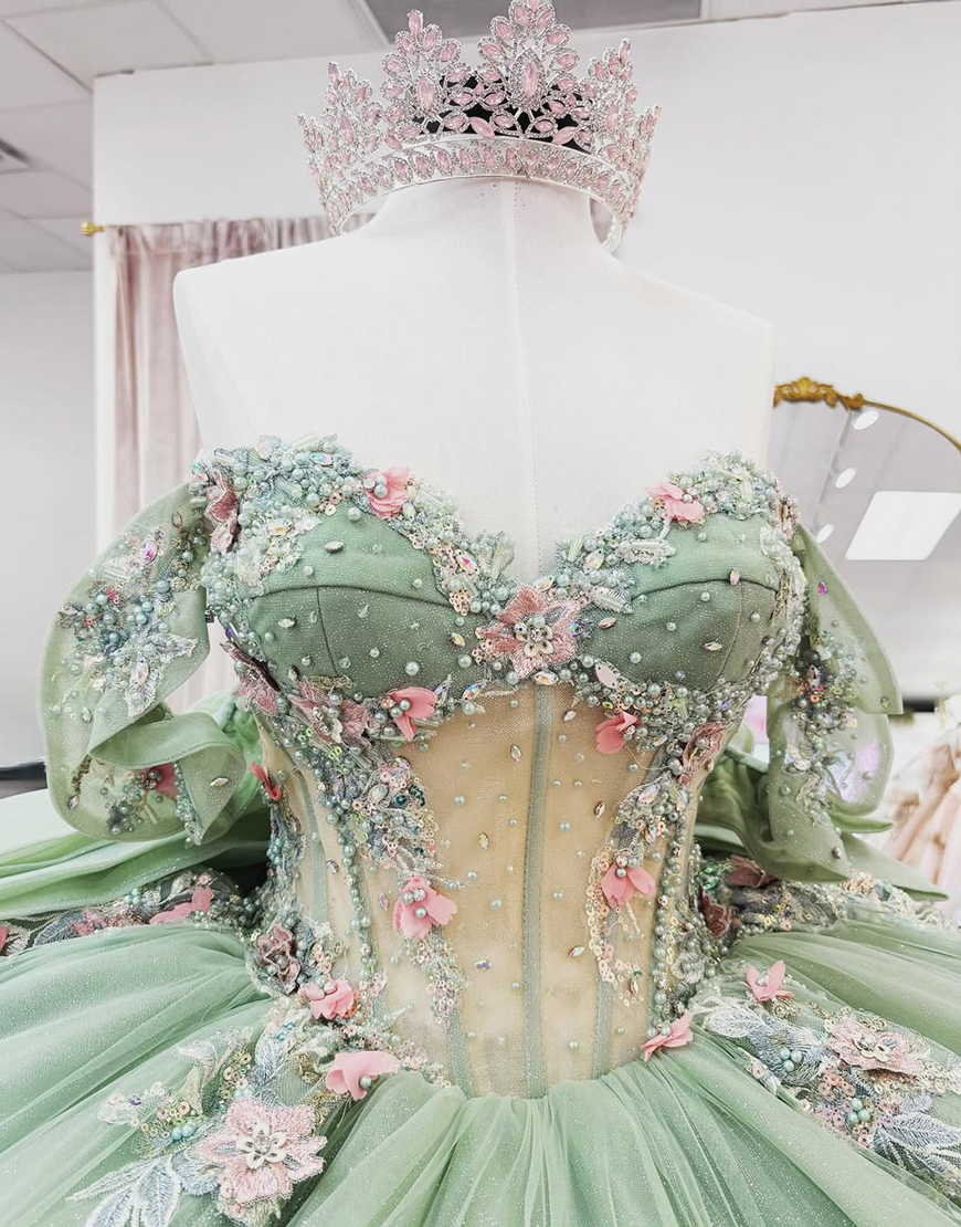 Sparkly Green Sweetheart Ball Gown Floral Corset Quinceanera Dress with Appliques