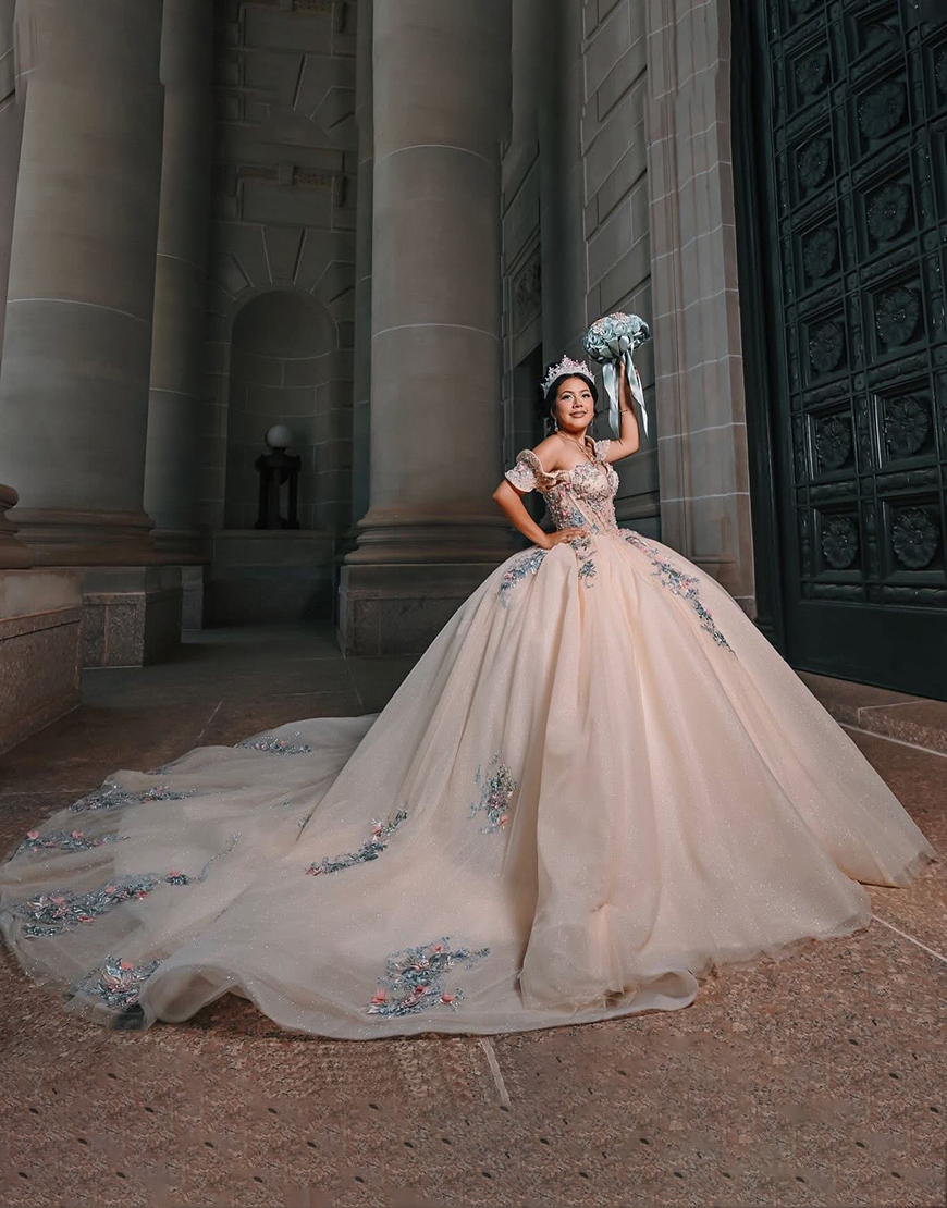 Sparkly Blush Off the Shoulder Ball Gown Floral Corset Quinceanera Dress