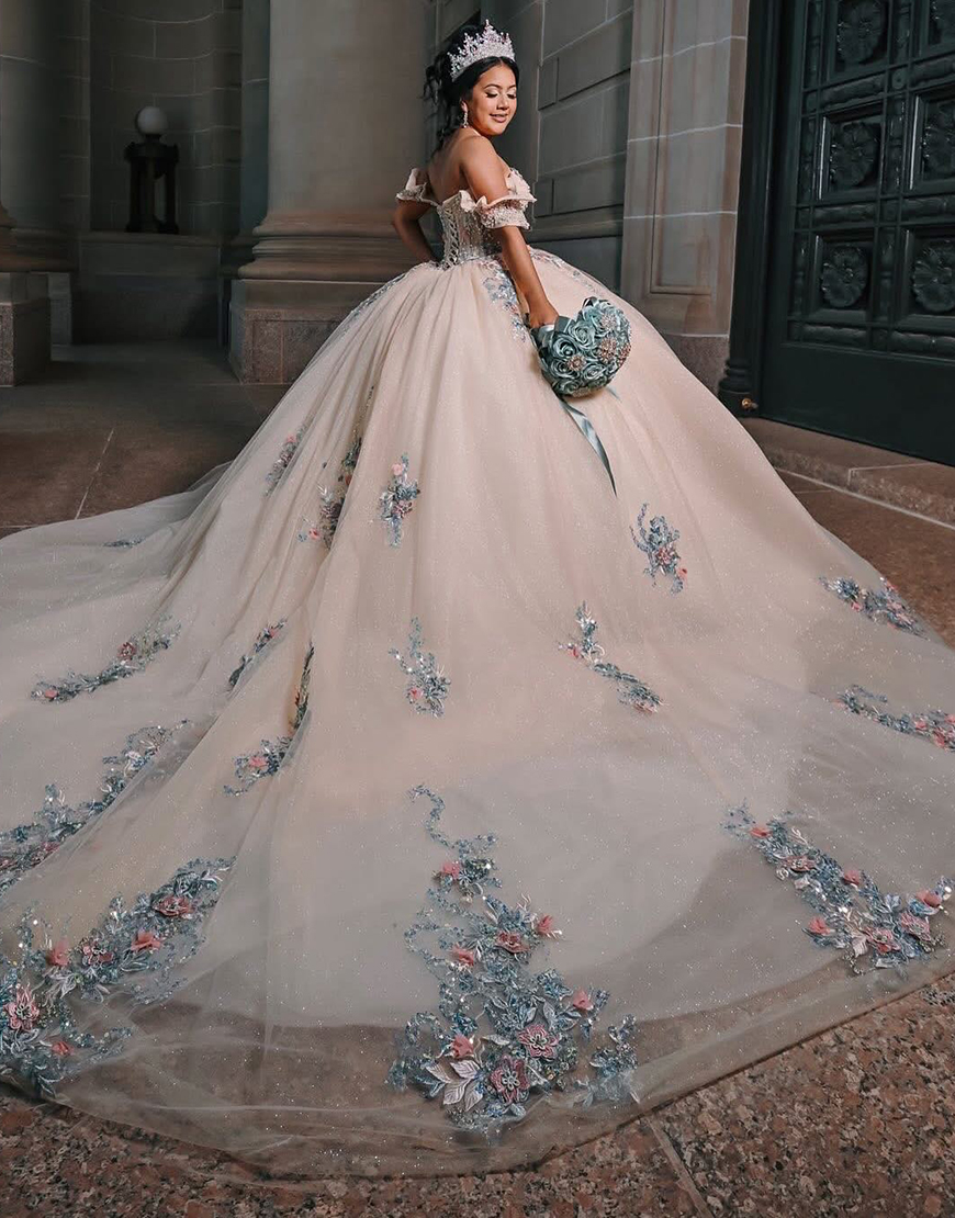 Sparkly Blush Off the Shoulder Ball Gown Floral Corset Quinceanera Dress