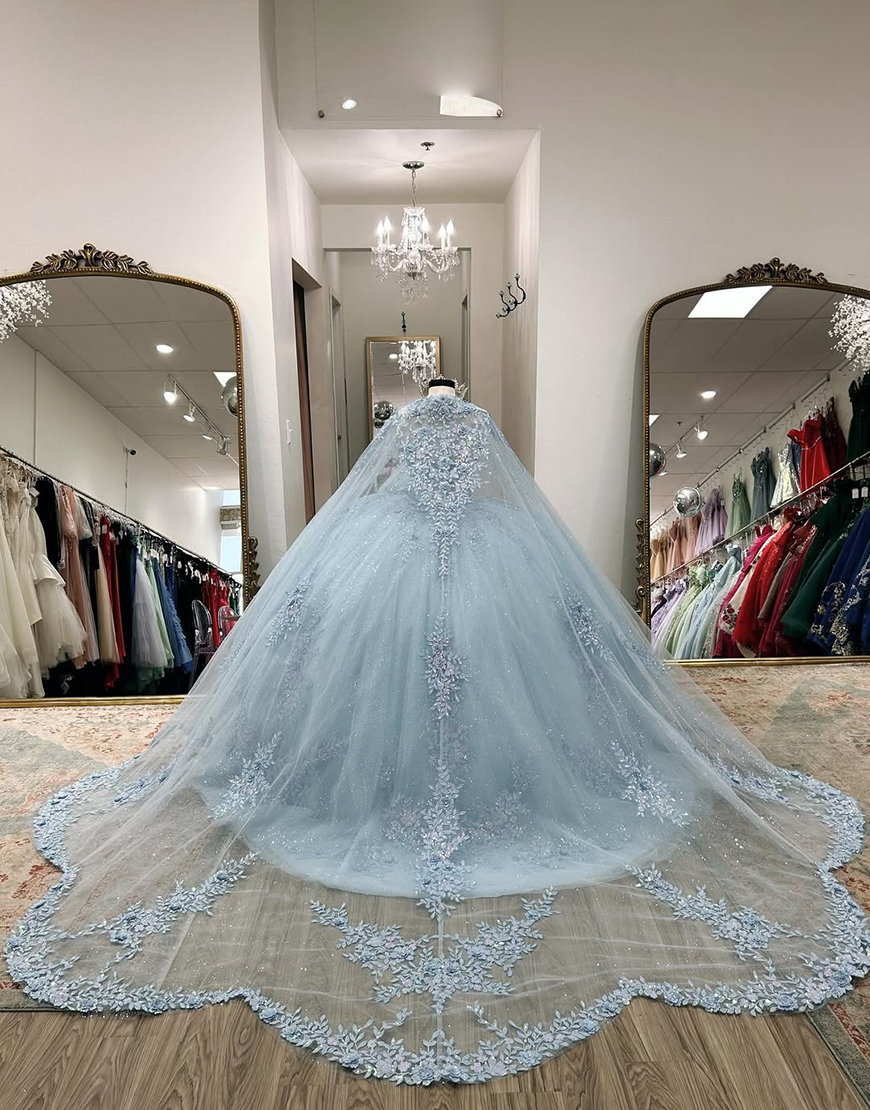 Blue Sweetheart Ball Gown Corset Floral Long Quinceanera Dress