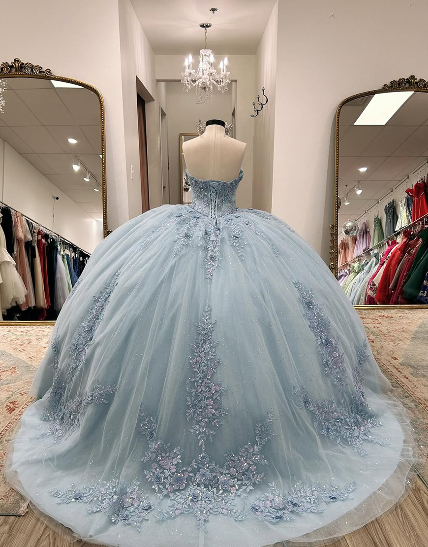 Blue Sweetheart Ball Gown Corset Floral Long Quinceanera Dress