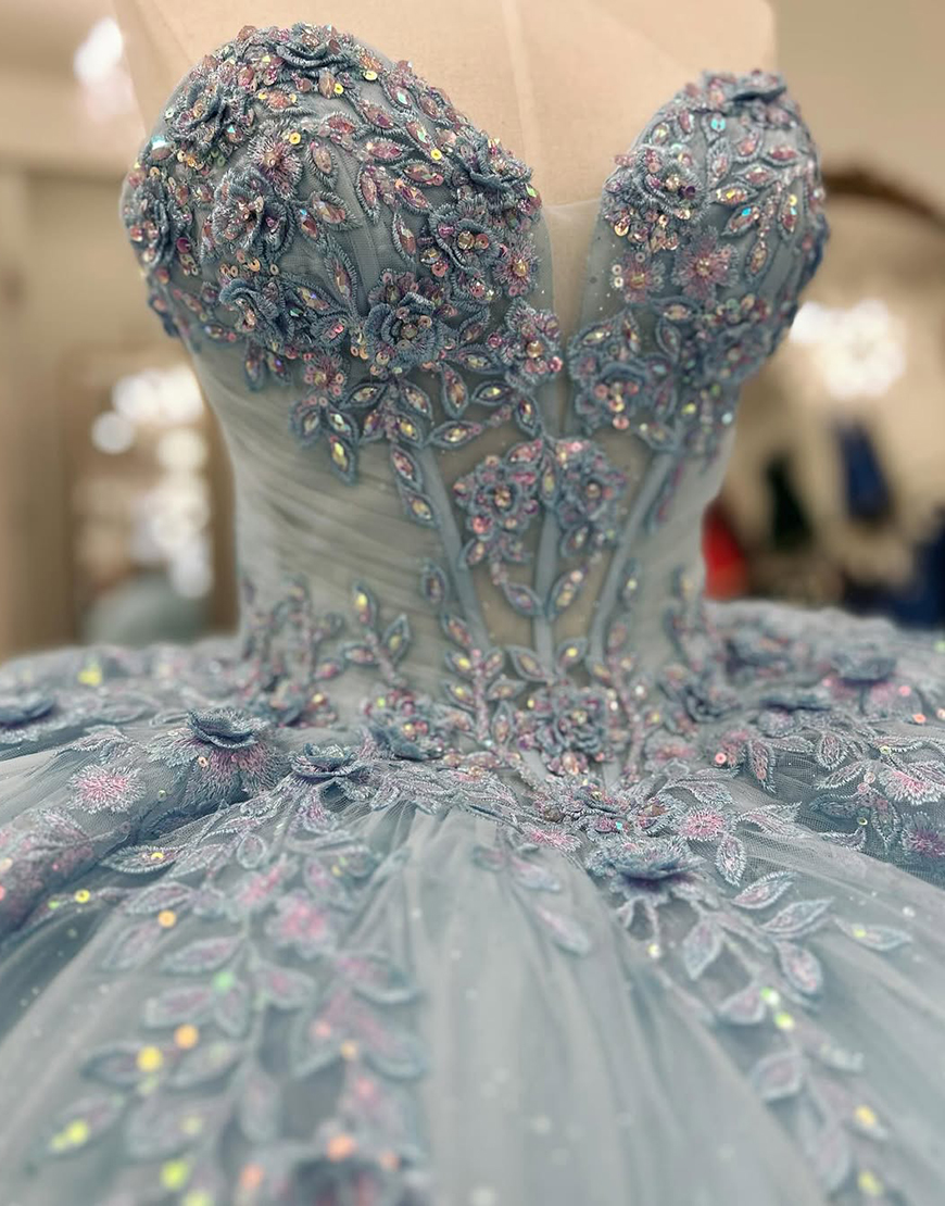 Blue Sweetheart Ball Gown Corset Floral Long Quinceanera Dress