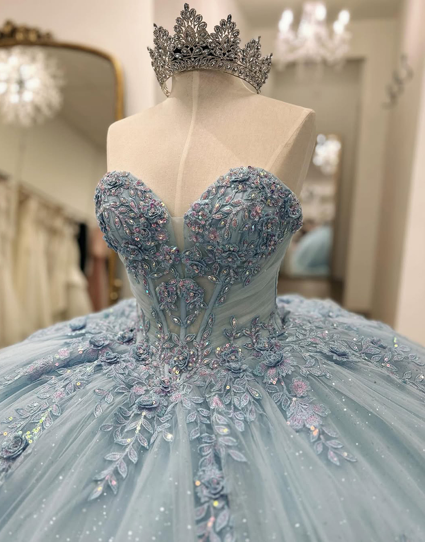 Blue Sweetheart Ball Gown Corset Floral Long Quinceanera Dress