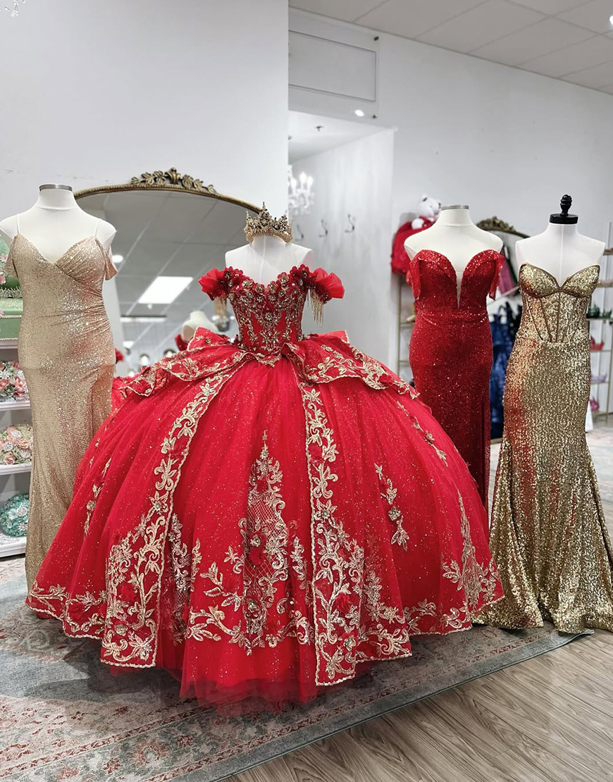 Sparkly Red Off the Shoulder Corset Beaded Ball Gown Floral Quinceanera Dress with Fringes