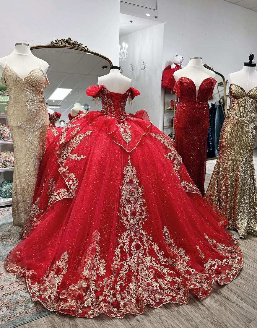 Sparkly Red Off the Shoulder Corset Beaded Ball Gown Floral Quinceanera Dress with Fringes