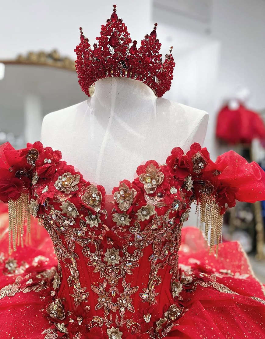 Sparkly Red Off the Shoulder Corset Beaded Ball Gown Floral Quinceanera Dress with Fringes