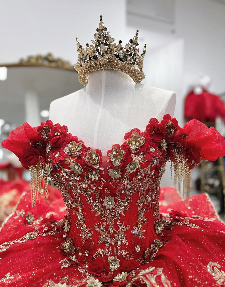 Sparkly Red Off the Shoulder Corset Beaded Ball Gown Floral Quinceanera Dress with Fringes