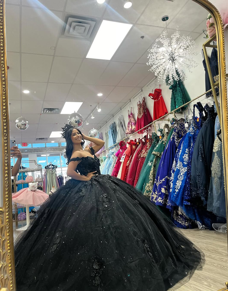 Sparkly Black Floral Ball Gown Appliqued Corset Quinceanera Dress with Bow