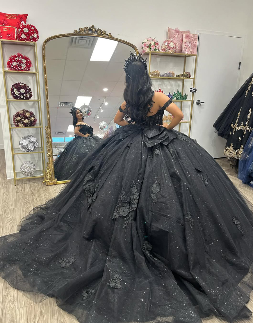 Sparkly Black Floral Ball Gown Appliqued Corset Quinceanera Dress with Bow