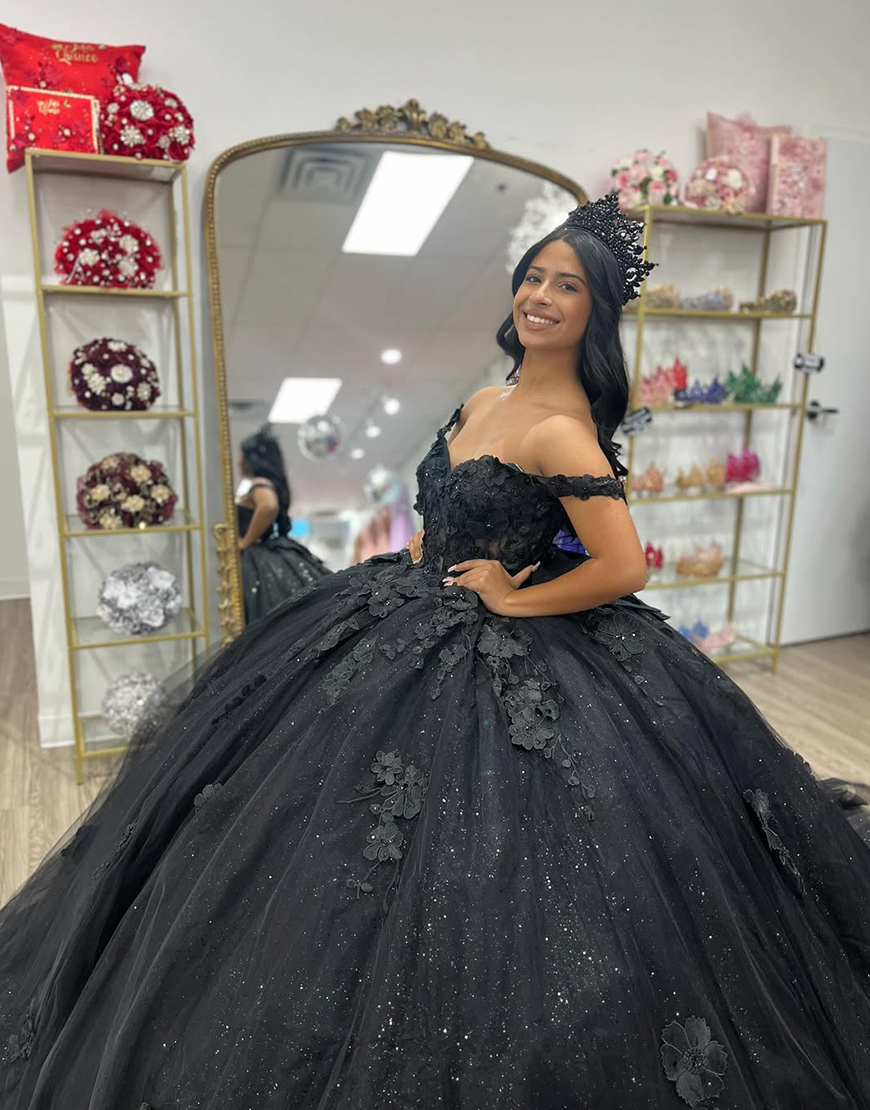 Sparkly Black Floral Ball Gown Appliqued Corset Quinceanera Dress with Bow