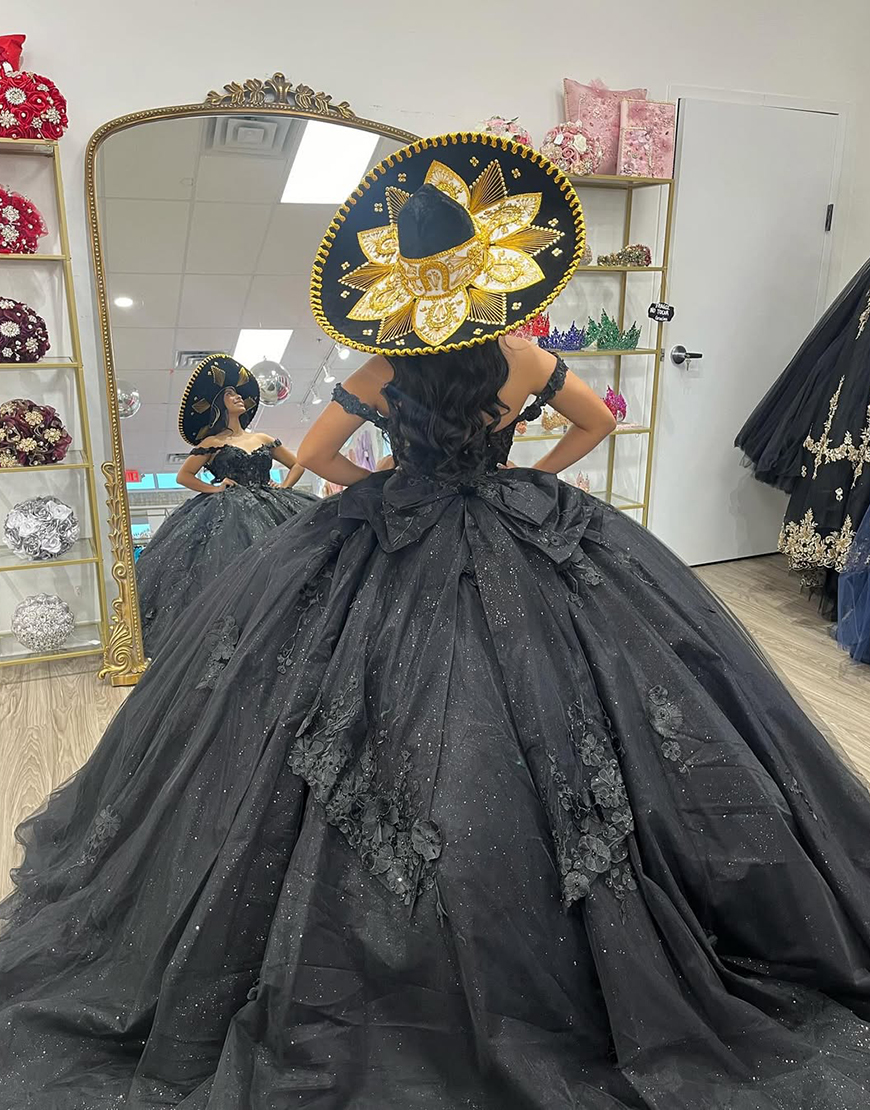 Sparkly Black Floral Ball Gown Appliqued Corset Quinceanera Dress with Bow