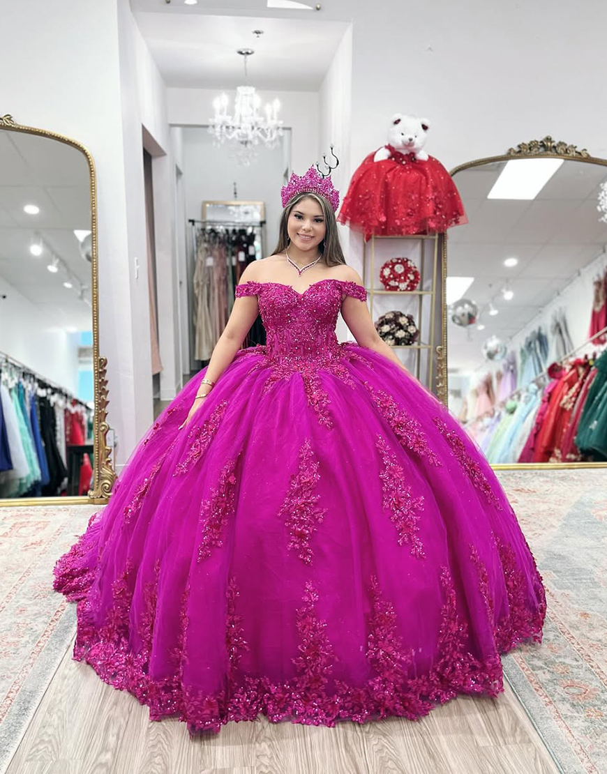 Sparkly Fuchsia Off the Shoulder Ball Gown Corset Beaded Quinceanera Dress with Appliques
