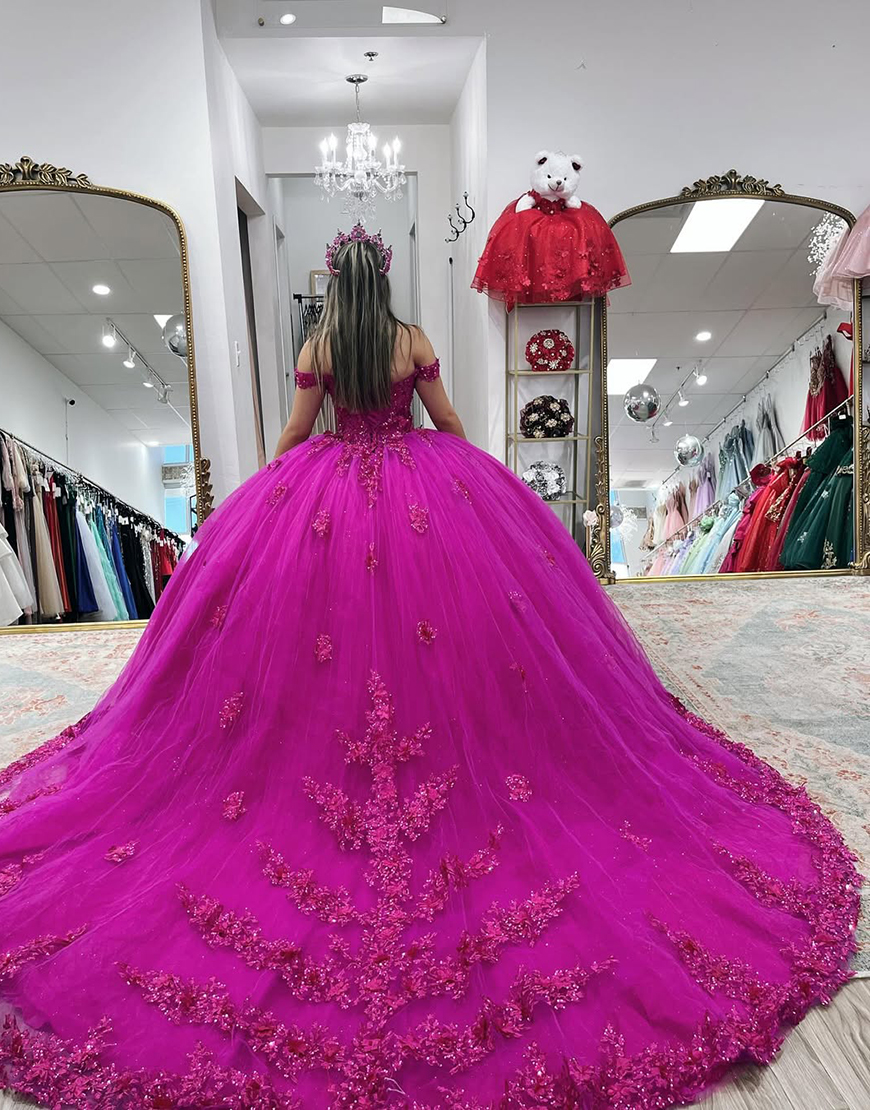 Sparkly Fuchsia Off the Shoulder Ball Gown Corset Beaded Quinceanera Dress with Appliques