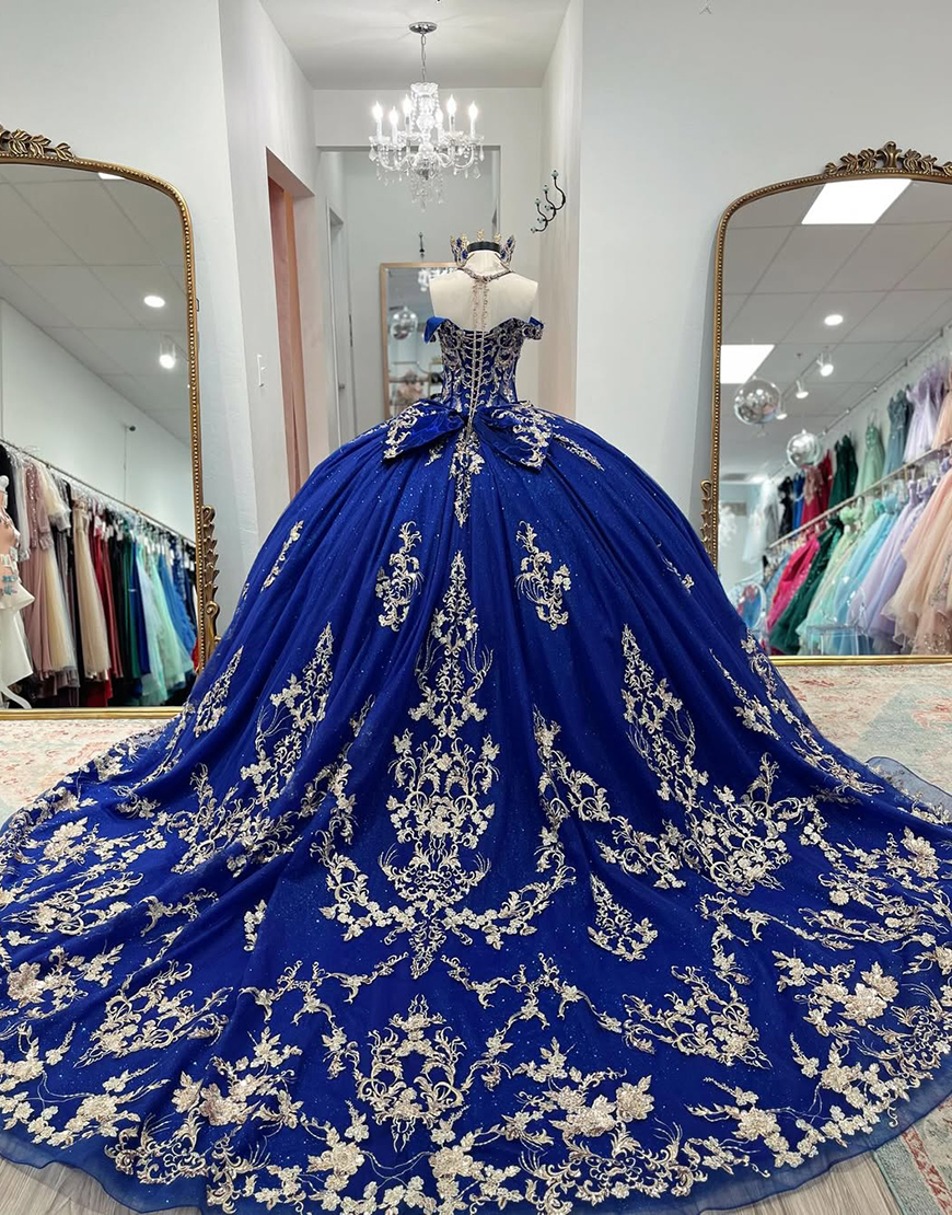 Glitter Royal Blue Halter Corset Ball Gown Floral Long Beaded Quinceanera Dress