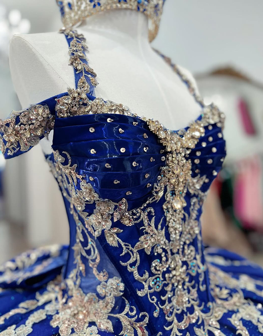 Glitter Royal Blue Halter Corset Ball Gown Floral Long Beaded Quinceanera Dress