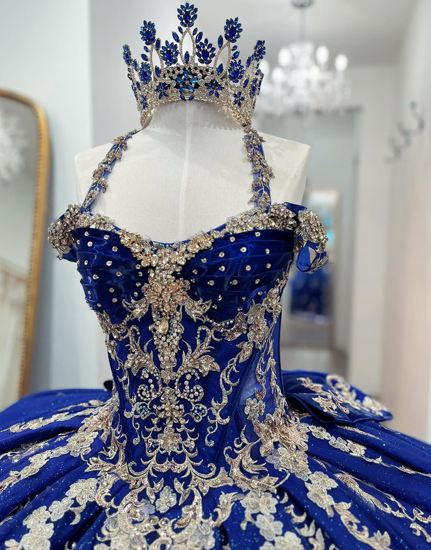 Glitter Royal Blue Halter Corset Ball Gown Floral Long Beaded Quinceanera Dress
