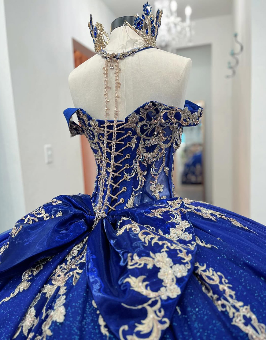 Glitter Royal Blue Halter Corset Ball Gown Floral Long Beaded Quinceanera Dress