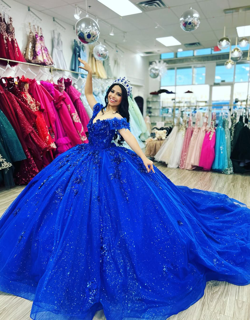 Sparkly Royal Blue Off the Shoulder Floral Beaded Ball Gown Long Quinceanera Dress with Appliques
