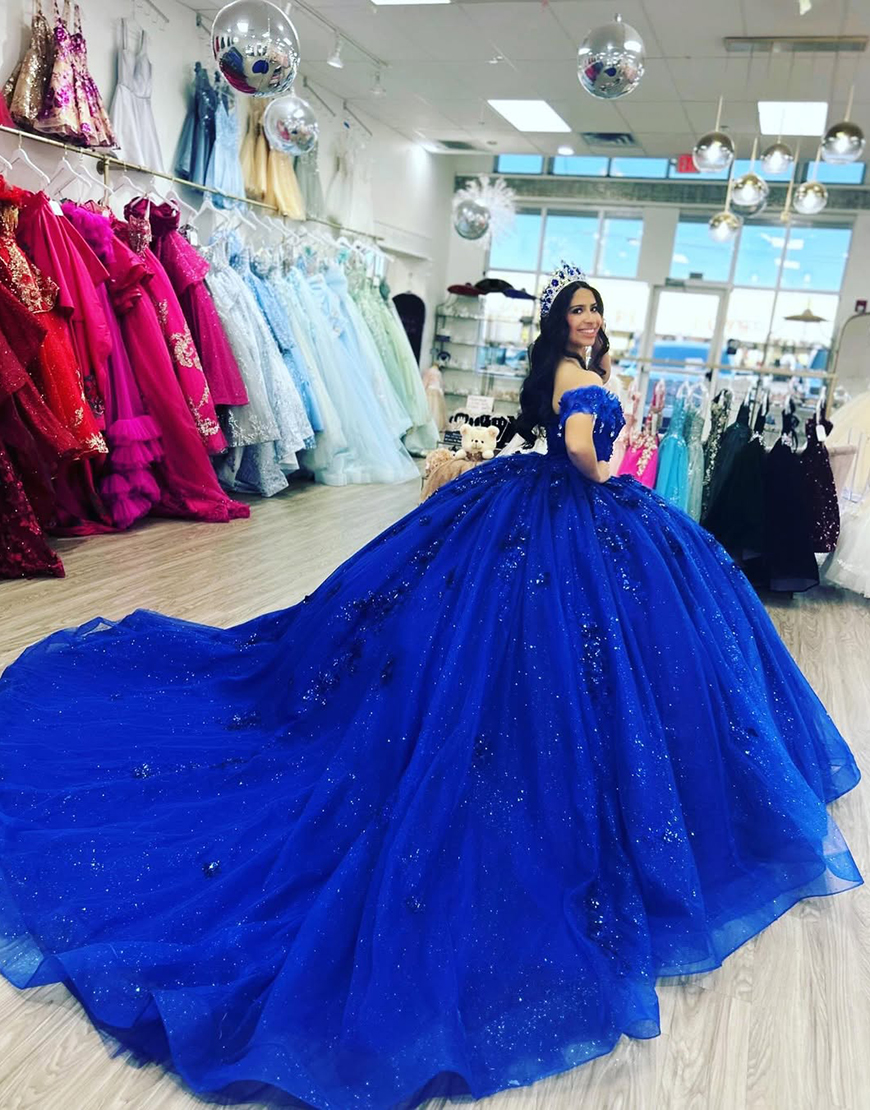 Sparkly Royal Blue Off the Shoulder Floral Beaded Ball Gown Long Quinceanera Dress with Appliques
