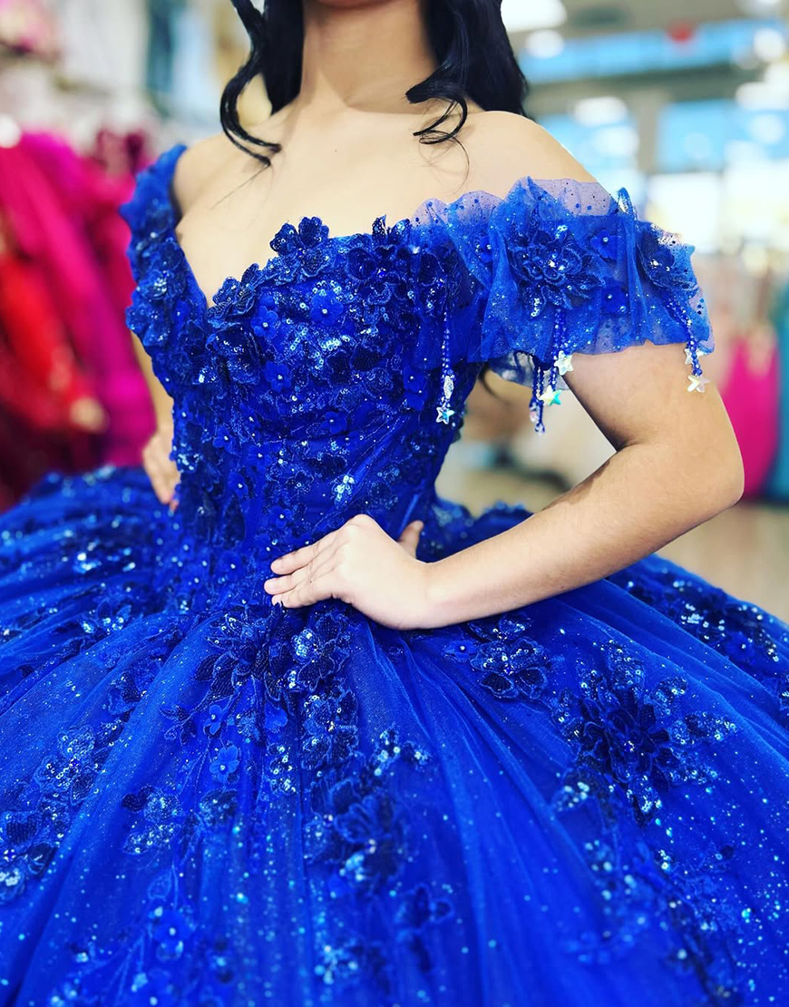 Sparkly Royal Blue Off the Shoulder Floral Beaded Ball Gown Long Quinceanera Dress with Appliques