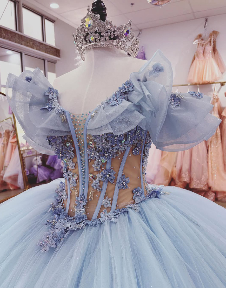 Sparkly Light Blue Corset Beaded Ball Gown Floral Long Quinceanera Dress with Ruffles