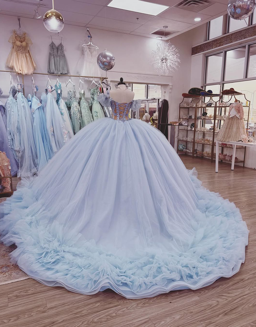 Sparkly Light Blue Corset Beaded Ball Gown Floral Long Quinceanera Dress with Ruffles