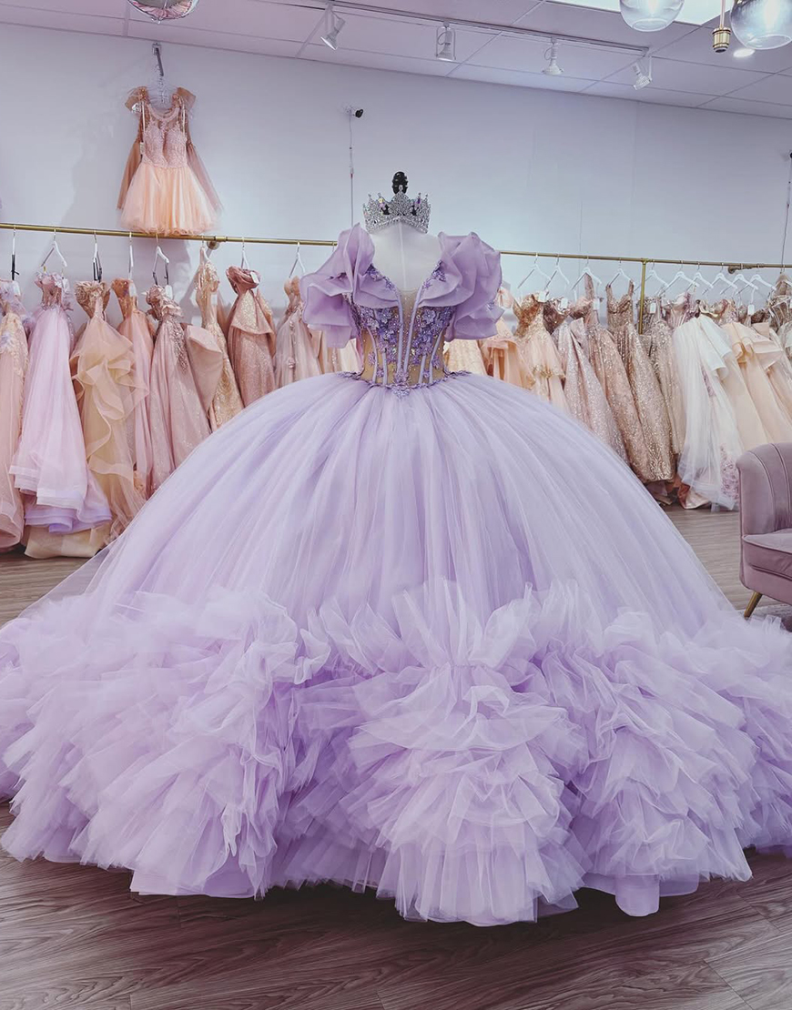 Sparkly Light Blue Corset Beaded Ball Gown Floral Long Quinceanera Dress with Ruffles