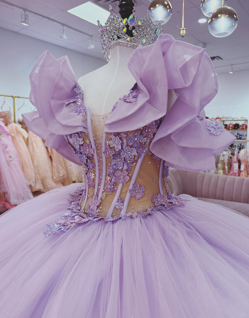 Sparkly Light Blue Corset Beaded Ball Gown Floral Long Quinceanera Dress with Ruffles