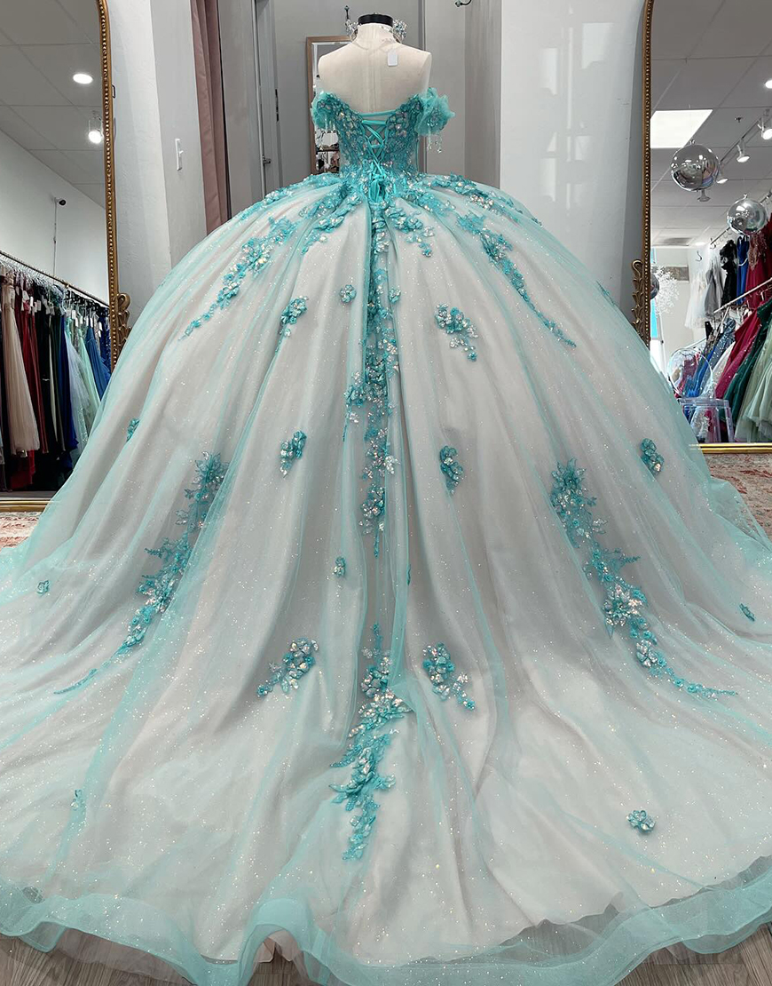 Sparkly Green Off the Shoulder Ball Gown Floral Tulle Quinceanera Dress with Appliques