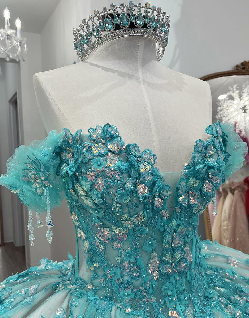 Sparkly Green Off the Shoulder Ball Gown Floral Tulle Quinceanera Dress with Appliques