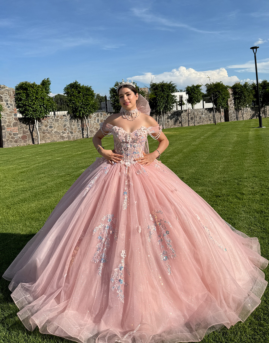 Sparkly Blush Off the Shoulder Ball Gown Tulle Corset Floral Quinceanera Dress with Appliques