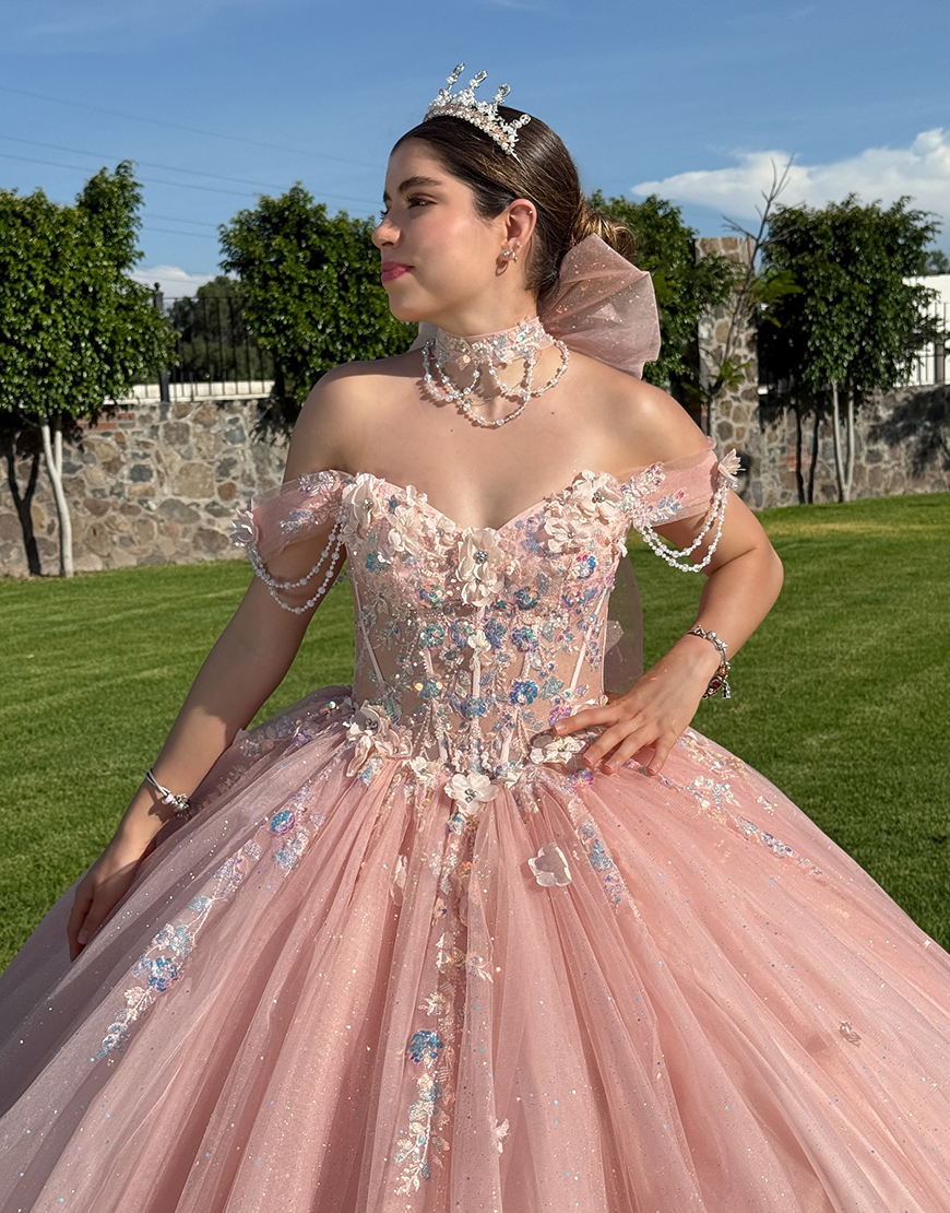 Sparkly Blush Off the Shoulder Ball Gown Tulle Corset Floral Quinceanera Dress with Appliques