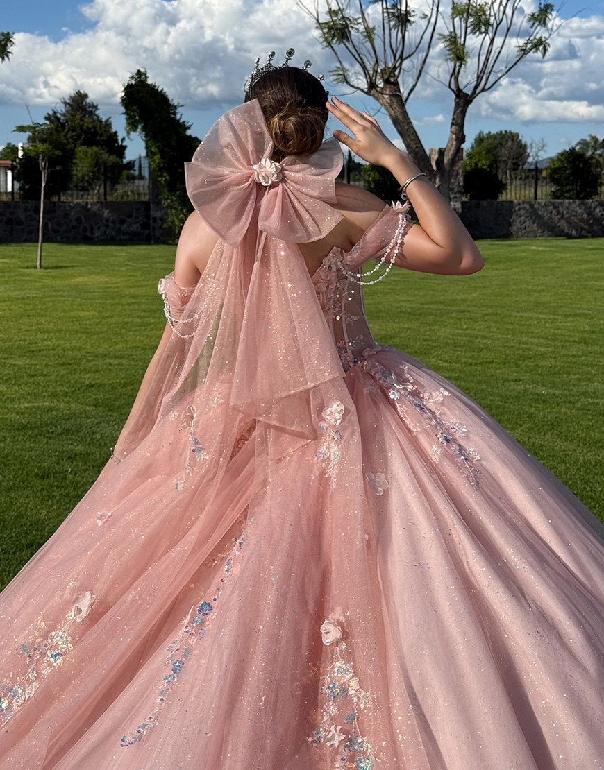 Sparkly Blush Off the Shoulder Ball Gown Tulle Corset Floral Quinceanera Dress with Appliques