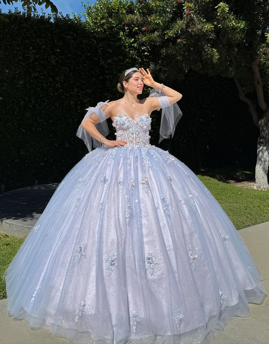 Sparkly Blue Sweetheart Ball Gown Corset Tulle Floral Quinceanera Dress with Appliques