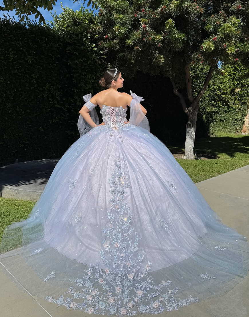 Sparkly Blue Sweetheart Ball Gown Corset Tulle Floral Quinceanera Dress with Appliques
