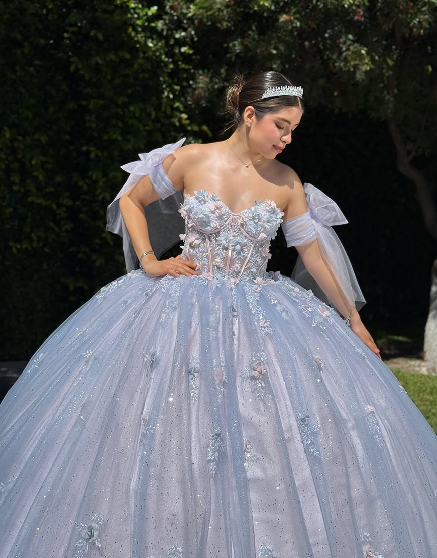 Sparkly Blue Sweetheart Ball Gown Corset Tulle Floral Quinceanera Dress with Appliques